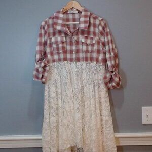 Origami by Vivien Plaid & Lace Button-Up Dress Size Small